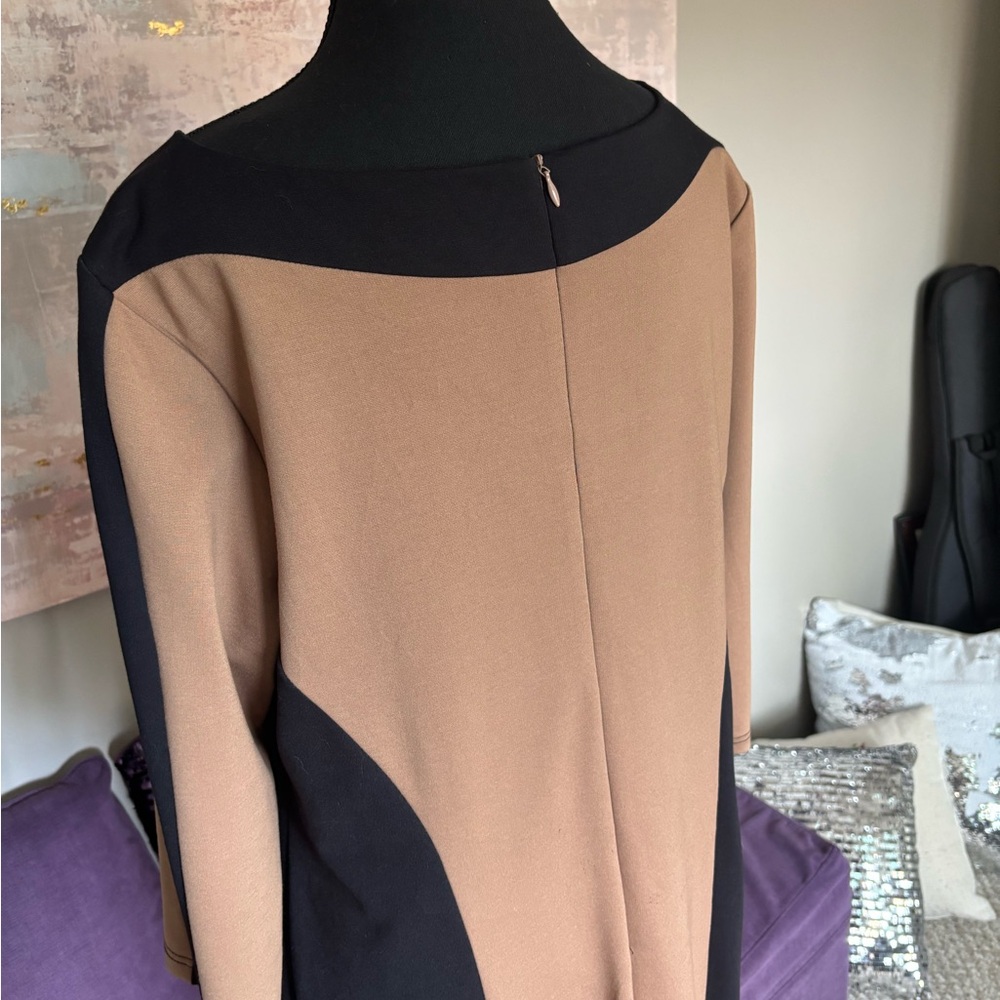 Beige and Black Sheath Dress with Decorative Buckle - Picture 8 of 12